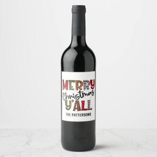 Merry Christmas Yall Tartan Leopard Print Name Wine Label
