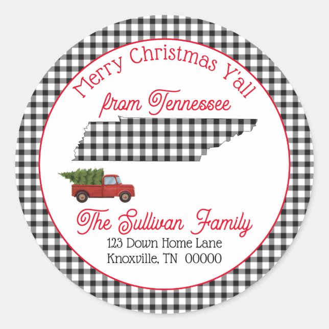 Merry Christmas Y'all Tennessee Return Address Classic Round Sticker (Front)