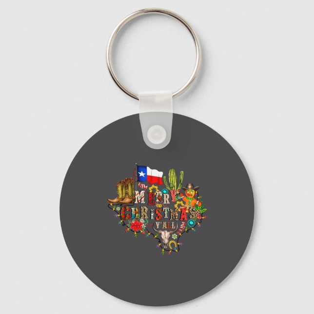 Merry Christmas Y'all Texas Map Santa Hat Mens Wom Keychain (Front)