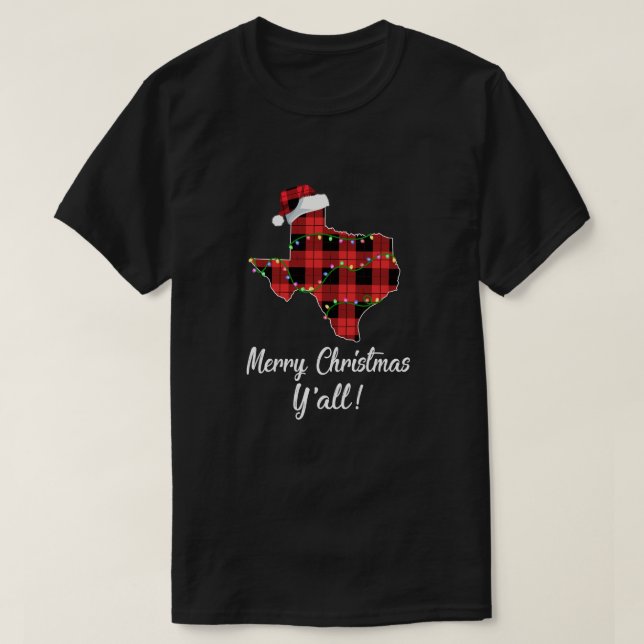 Merry Christmas Y'all Texas State Red Plaid Gift T-Shirt (Design Front)