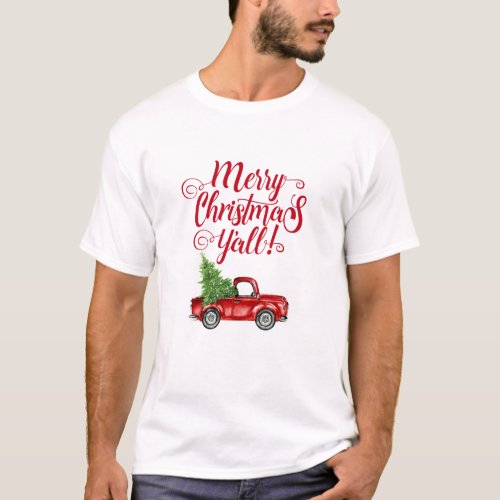 Merry Christmas Yall Vintage Red Truck Christmas T_Shirt
