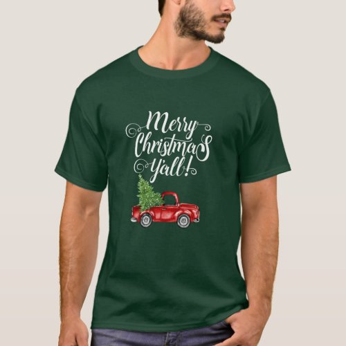Merry Christmas Yall Vintage Truck Green T_Shirt
