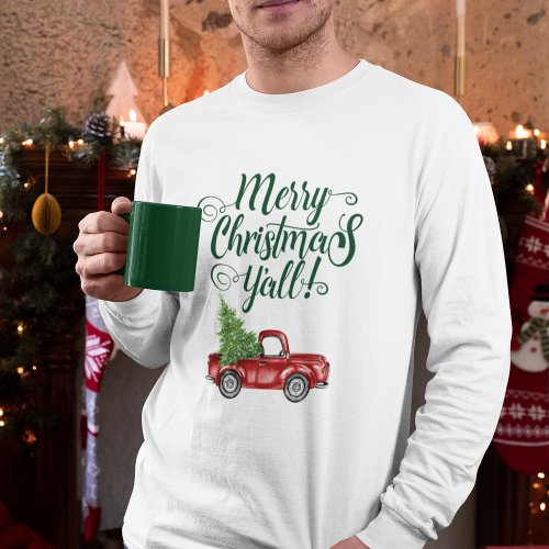 Merry Christmas Yall Vintage Truck White Green T_Shirt