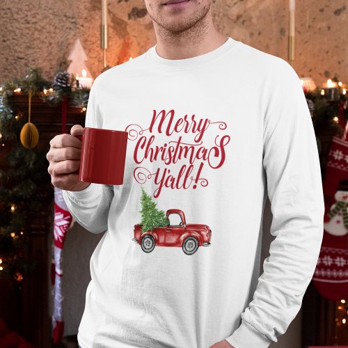 Merry Christmas Yall Vintage Truck White Red T_Shirt