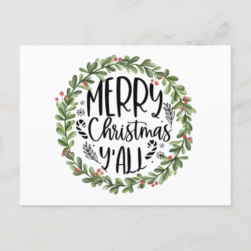 Merry Christmas Yall Watercolor Wreath Holiday Postcard