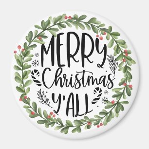 Merry Christmas Y'all Watercolor Wreath Magnet