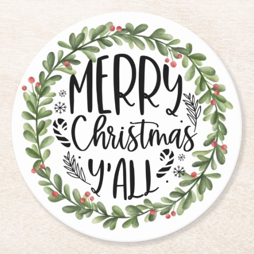 Merry Christmas Yall Watercolor Wreath Round Paper Coaster