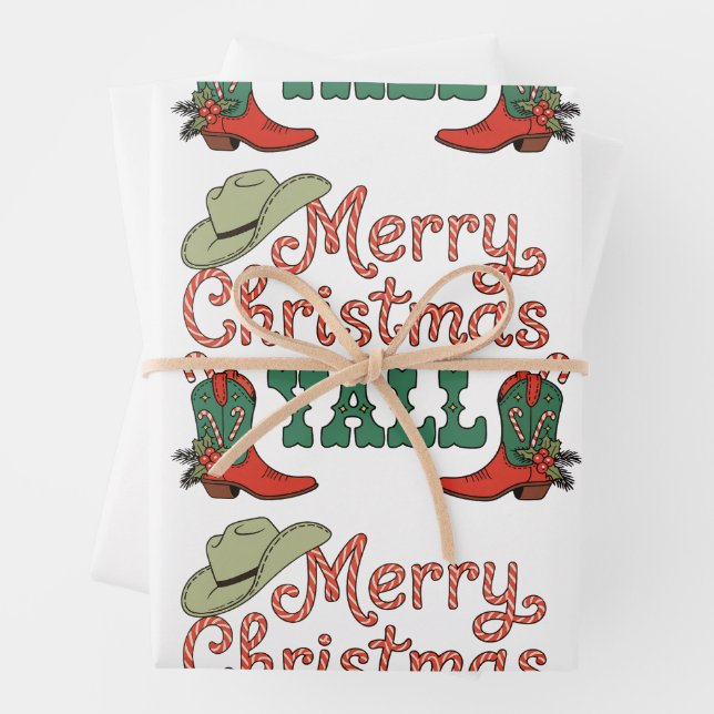 Merry Christmas Yall Western Country Cowboy Xmas Wrapping Paper Sheets (In situ)