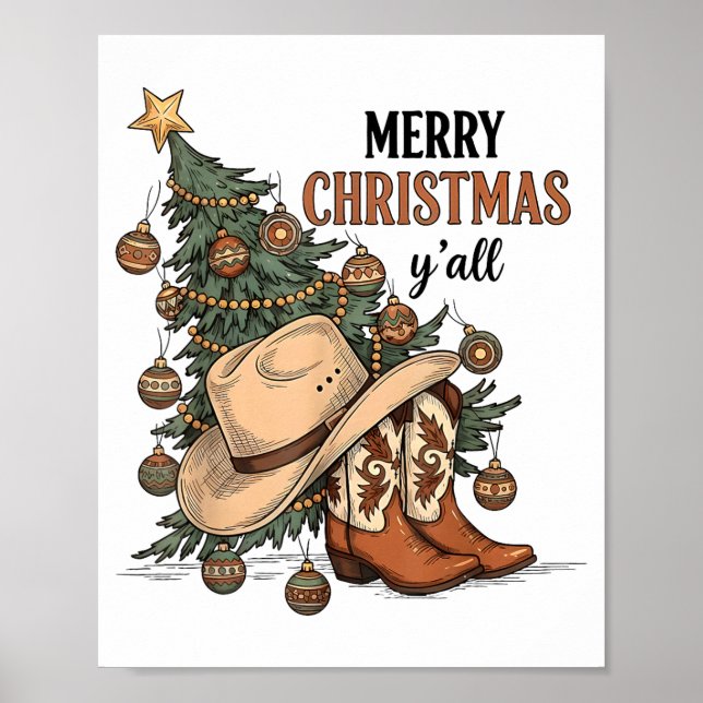 Merry Christmas Y'all Western Cowboy Boots Hat Xma Poster (Front)