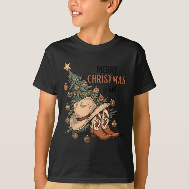 Merry Christmas Y'all Western Cowboy Boots Hat Xma T-Shirt (Front)