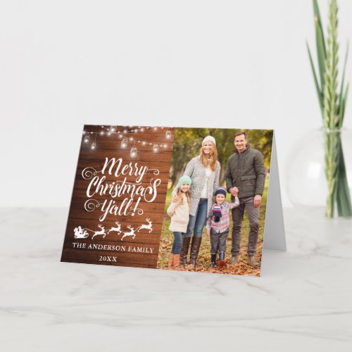 Merry Christmas Yall Wood Lights Photo Fold Holiday Card