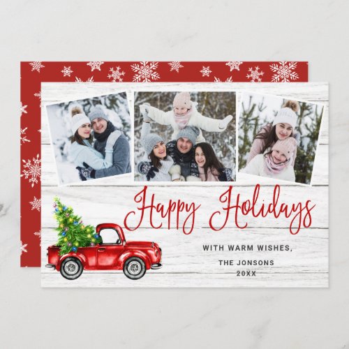 Merry Christmas Year Red Farm Truck 3 Photo Holiday Card