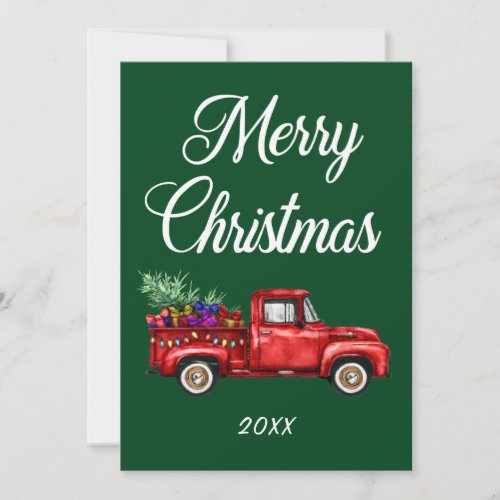 Merry Christmas Year Vintage Red Truck Tree Gifts Holiday Card