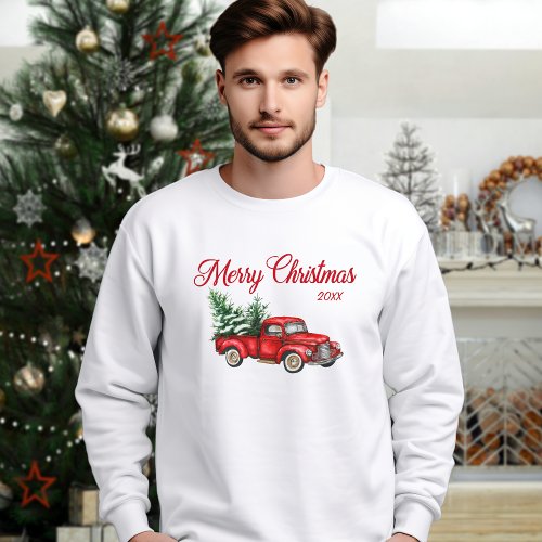 Merry Christmas Year Watercolor Vintage Red Truck Sweatshirt