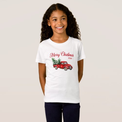 Merry Christmas Year Watercolor Vintage Red Truck T_Shirt