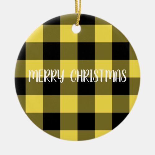 Merry Christmas Yellow and Black Buffalo Plaid Ceramic Ornament