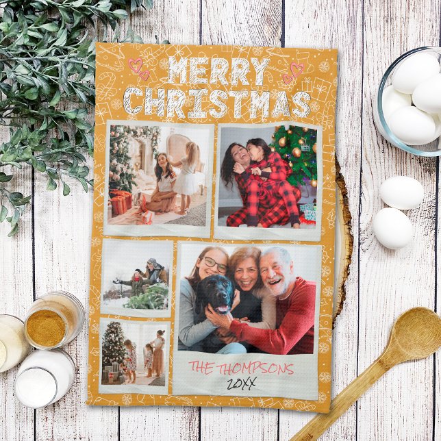 Merry Christmas Yellow Doodles 5 Photo Family Gift Kitchen Towel (Creator Uploaded)