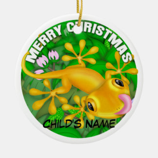 Merry Christmas Yellow Lizard Ceramic Ornament