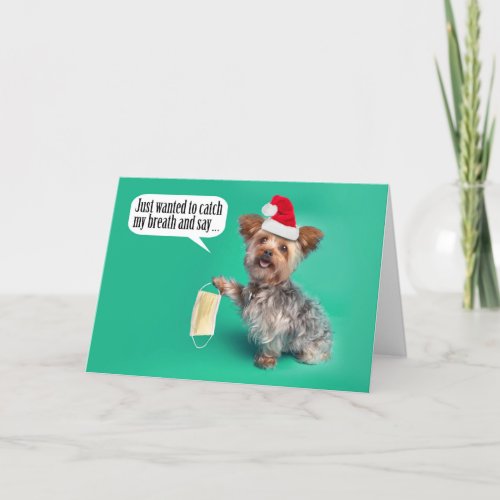 Merry Christmas Yorkie Dog Holding Face Mask Card