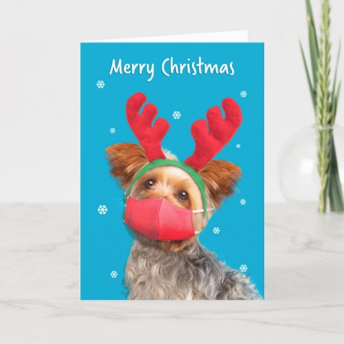Merry Christmas Yorkie Dog in Face Mask Humor Holiday Card