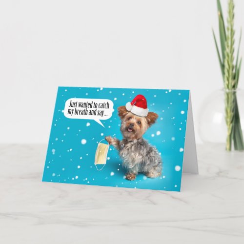 Merry Christmas Yorkie Dog in Santa Hat Face Mask Holiday Card