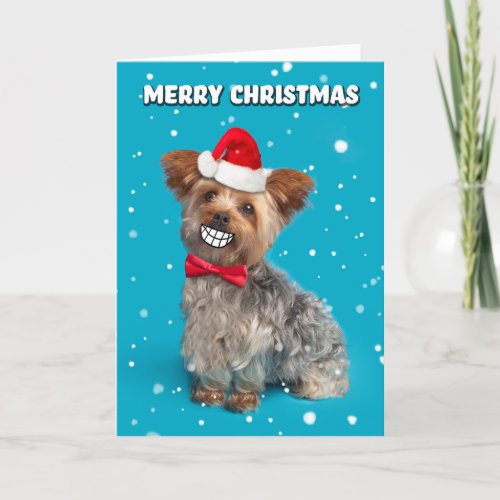 Merry Christmas Yorkie Dog in Santa Hat Smiling Holiday Card