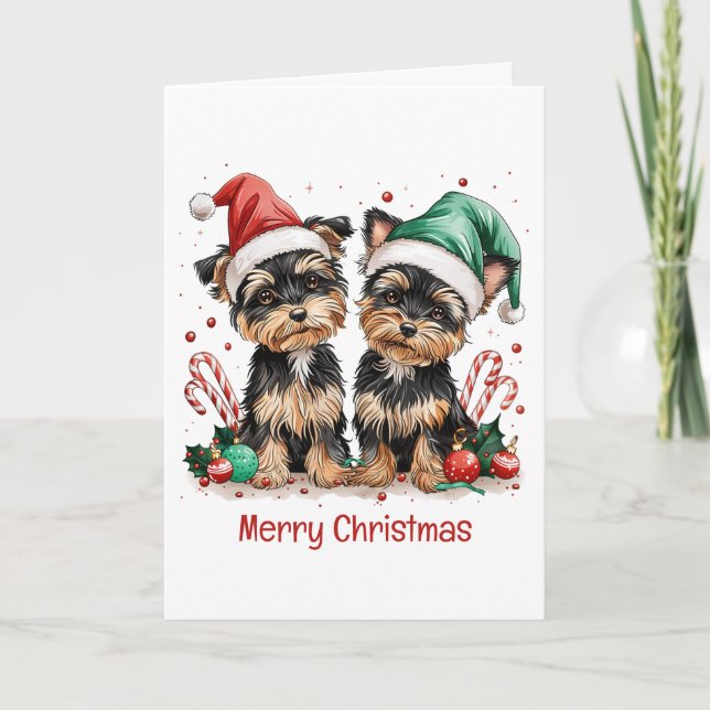 Merry Christmas Yorkshire Terrier Dogs Holiday Card (Front)