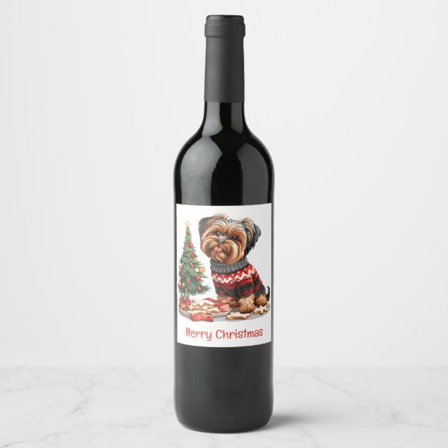 Merry Christmas Yorkshire Terrier Dogs Wine Label (Front)