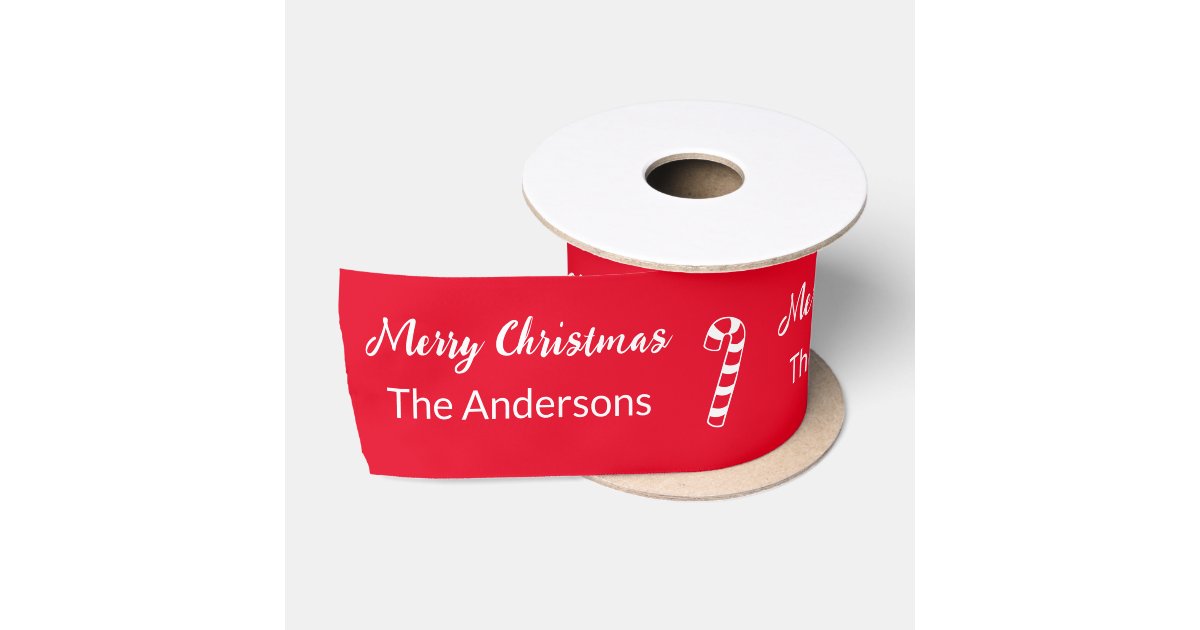 Merry Christmas Your Name Red and White Candy Cane Satin Ribbon | Zazzle