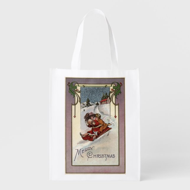 Merry ChristmasCouple Sledding Reusable Grocery Bag (Front)