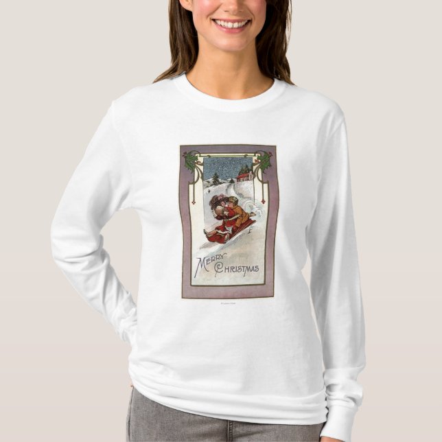 Merry ChristmasCouple Sledding T-Shirt (Front)