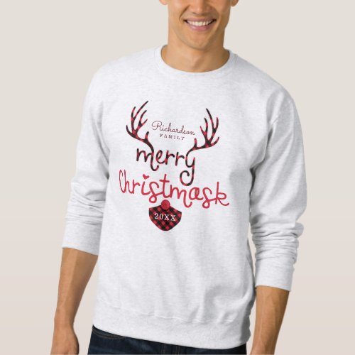 Merry Christmask Fun Red Plaid Reindeer Mask Covid Sweatshirt