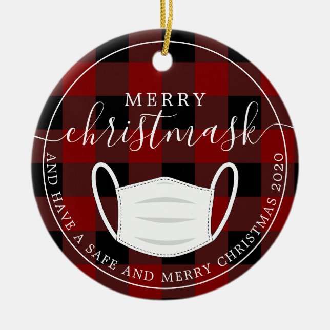 Merry Christmask red plaid quarantine mask Ceramic Ornament (Front)