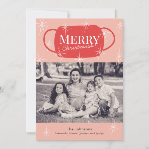 Merry Christmask Retro Pink Christmas Photo Card