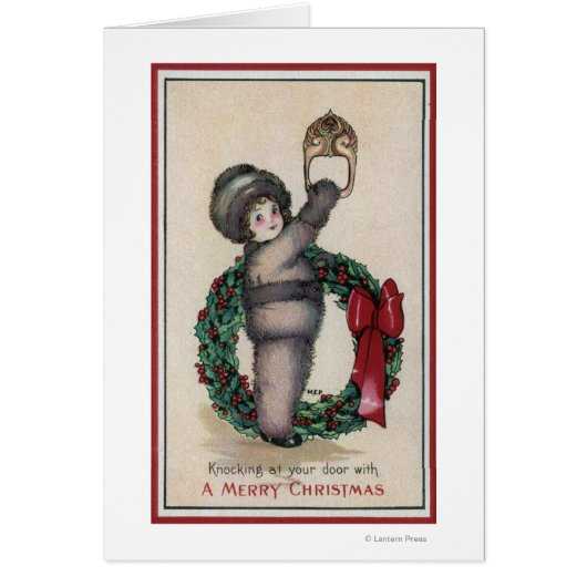 Merry ChristmasKid Knocking with a Wreath Cards (Front)