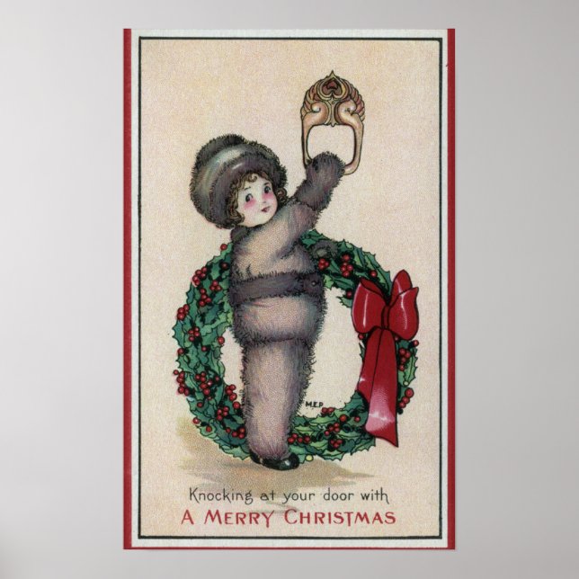 Merry ChristmasKid Knocking with a Wreath Poster (Front)