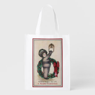 Merry ChristmasKid Knocking with a Wreath Reusable Grocery Bag
