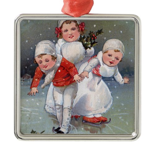 Merry ChristmasLittle Kids Ice Skating Metal Ornament