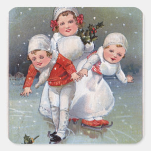 Merry ChristmasLittle Kids Ice Skating Square Sticker