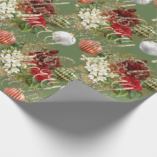 Merry ChristmasScriptGlitter Bauble Gold Red Mint Wrapping Paper