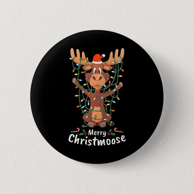 Merry Christmoose Christmas Moose Xmas Tree Lights Button (Front)