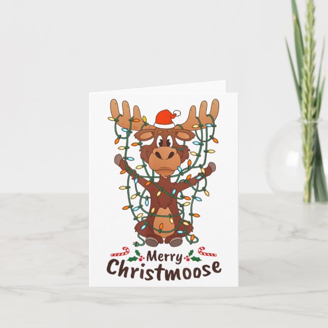 Merry Christmoose Christmas Moose Xmas Tree Lights Card (Front)