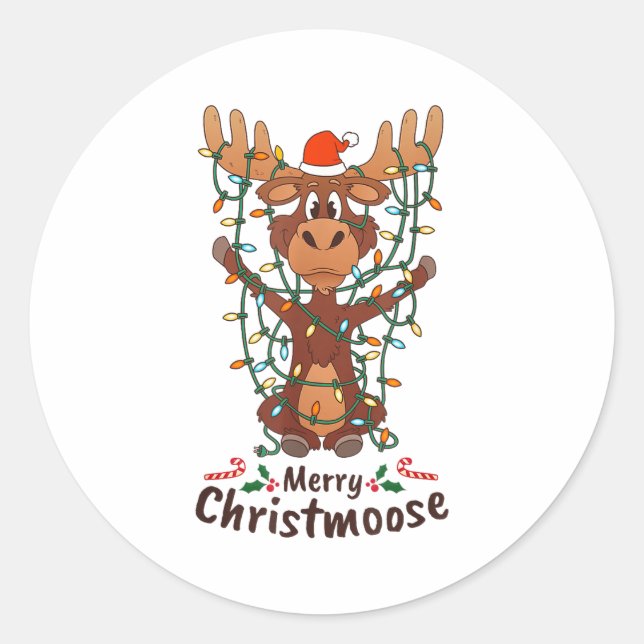 Merry Christmoose Christmas Moose Xmas Tree Lights Classic Round Sticker (Front)