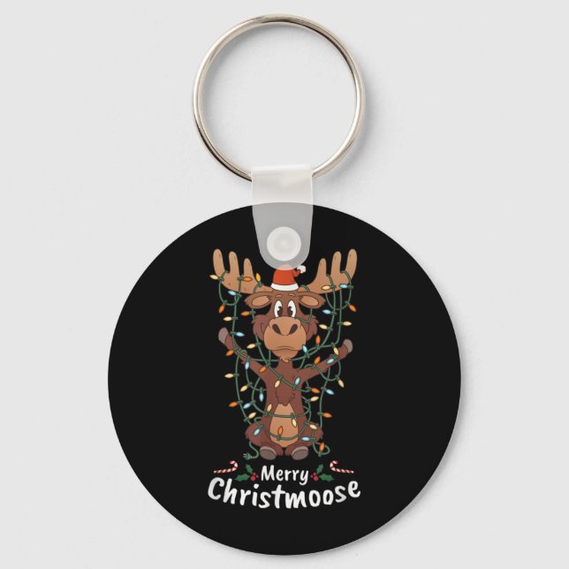 Merry Christmoose Christmas Moose Xmas Tree Lights Keychain (Front)