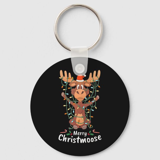 Merry Christmoose Christmas Moose Xmas Tree Lights Keychain (Front)