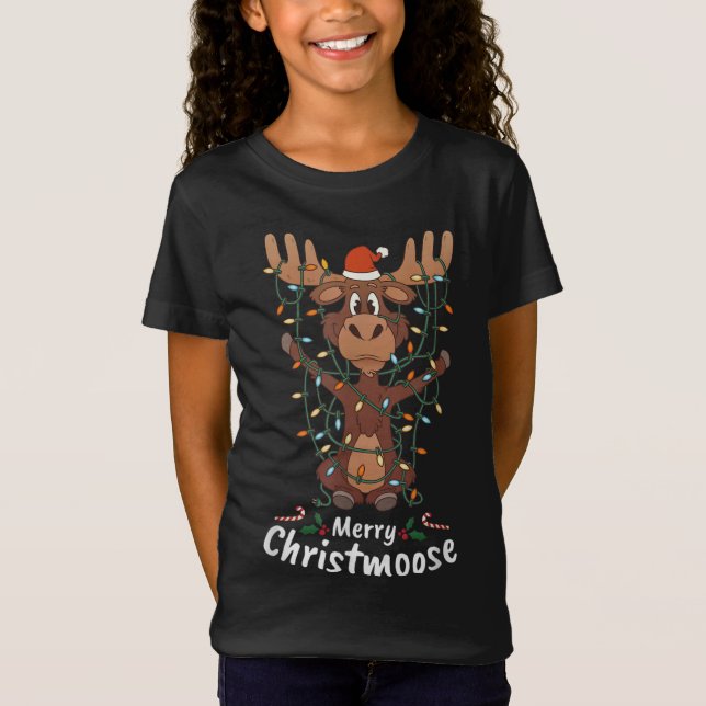Merry Christmoose Christmas Mooses Xmas Tree Light T-Shirt (Front)