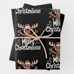 Merry Christmoose Moose Santa Hat Holiday Lights Wrapping Paper Sheets