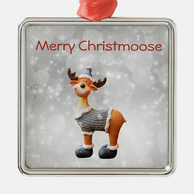 Merry Christmoose wearing a hat Metal Ornament (Front)