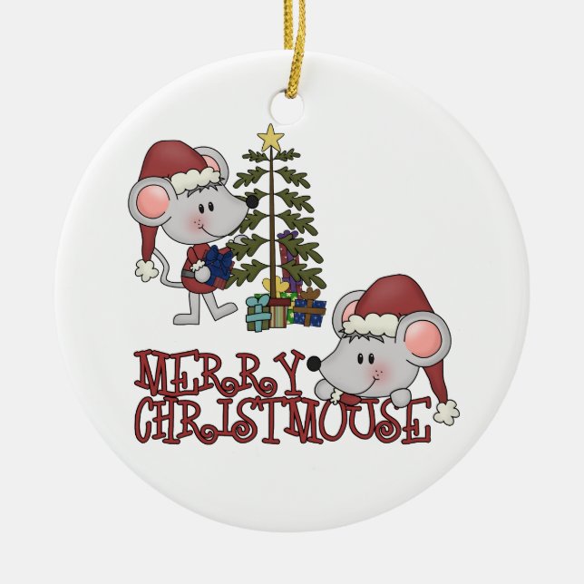 Merry Christmouse With Tree Ceramic Ornament (Front)