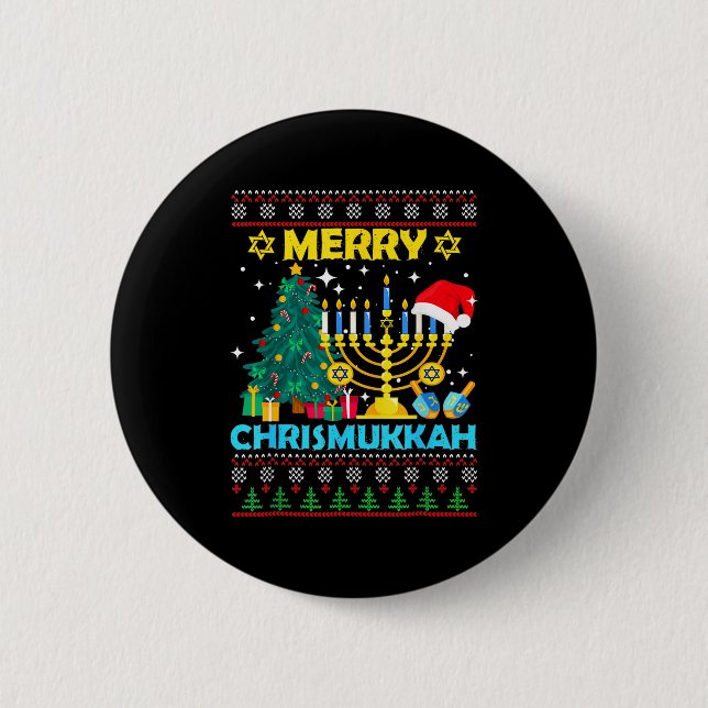 Merry Christmukkah Hanukkah Christmas Tree Xmas Fa Button (Front)